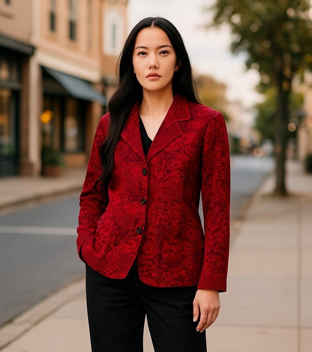 Coldwater Creek Jacket Blazer Women Medium Red Floral Button Stretch Boho Career